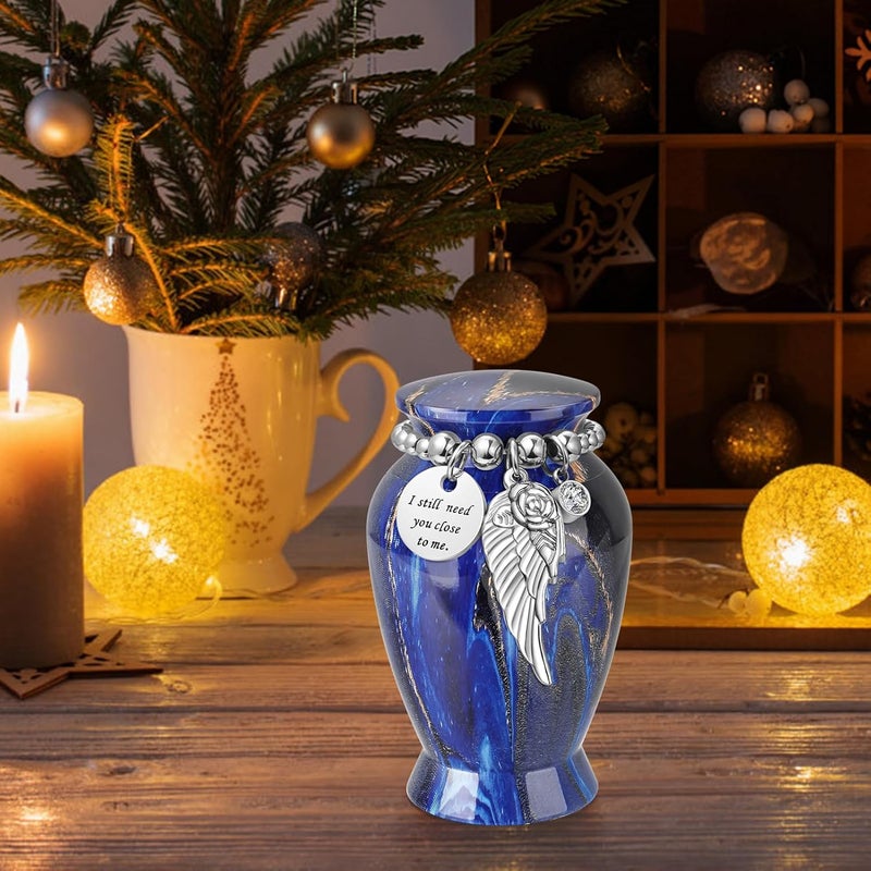 XIUDA Memorials Small Urns for Human Ashes Keepsake Aluminum Mini Urns for Ashes with Angel Wing Charm Decorative Burial Urn Funeral Cremation Urns for Women and Men (Deep Blue) - Image 5